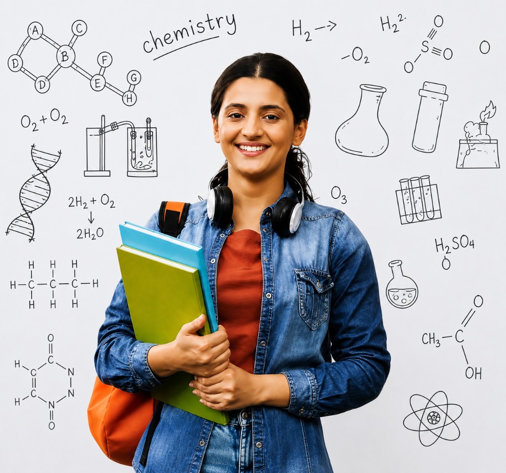 Science student with books, headphones, and backpack — hand-drawn chemistry and biology doodles in the background